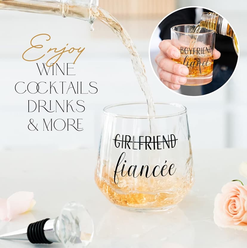Engagement Gifts for Couples - Unique Fiance Gift for Him or Her! Whiskey Wine Glasses with Diamond Wine Stopper