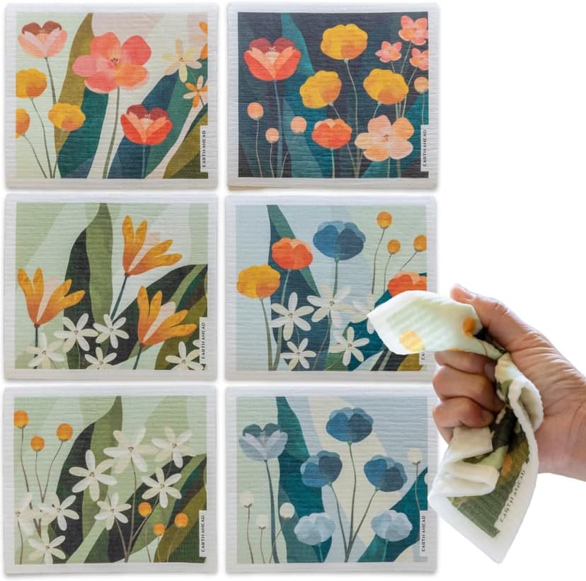 Floral Swedish Dishcloths 6-Pack – Reusable Eco-Friendly Cleaning Cloths in Plantable Packaging, Ultra-Absorbent Kitchen Sponge Cloth Gift Set.