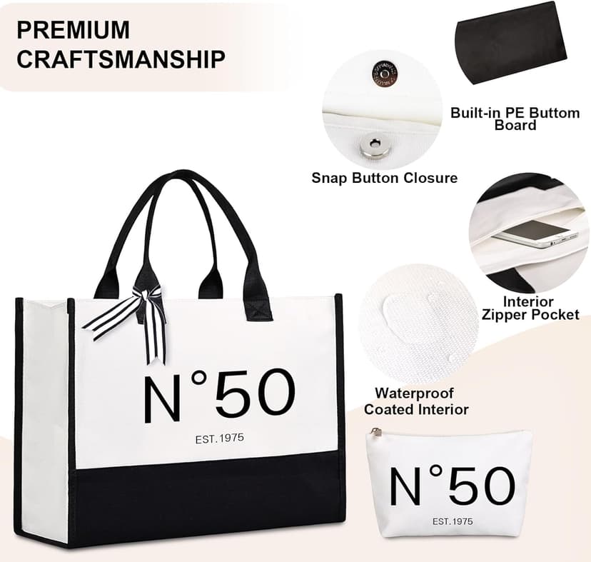 Lamyba 50th Birthday Gifts for Her, 50s Birthday Decorations for Women/Wife/Mom/Friends/Sister, no 50 Tote Bag & Cosmetic Bag & Back in 1975 Poster