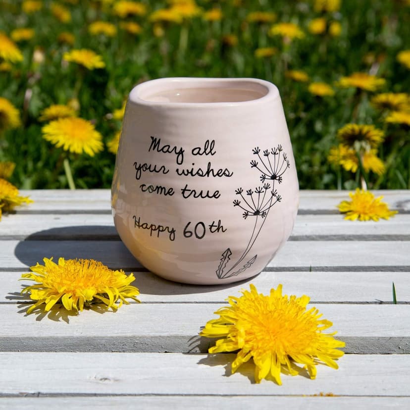 Pavilion - 8 Oz Candle Holder - Pink Ceramic Candle Jar with 100% Soy Wax Candle Serenity Scent "May all your wishes come true Happy 60th" Ideal Gift for Loved Ones - Printed Text, Love Theme & Oval