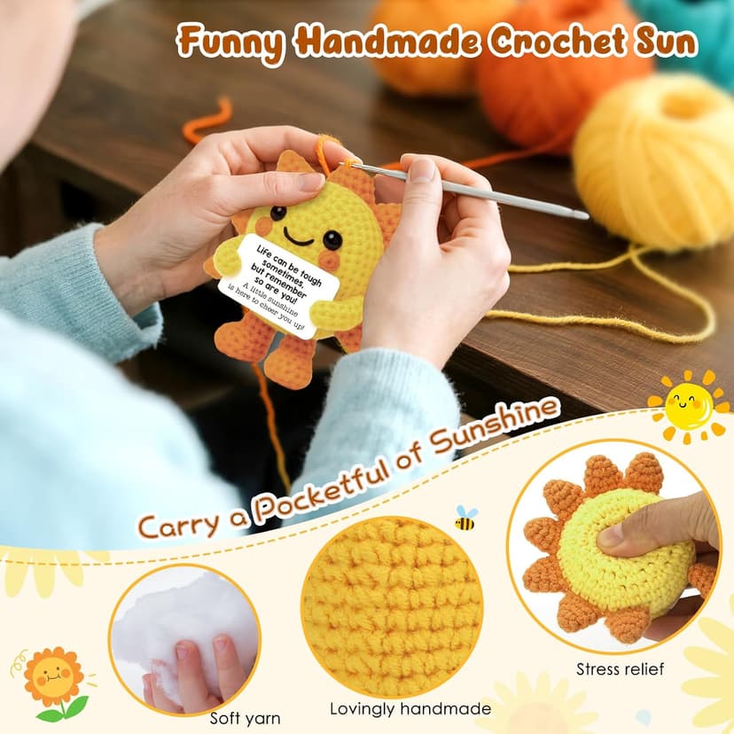 Mini Positive Crochet Sunshine Flowers Emotional Cheer Up Support Gift for Women Friends Coworkers Inspirational Stress Relief Gift Mental Health Positive Present for Birthday Christmas White Elephant