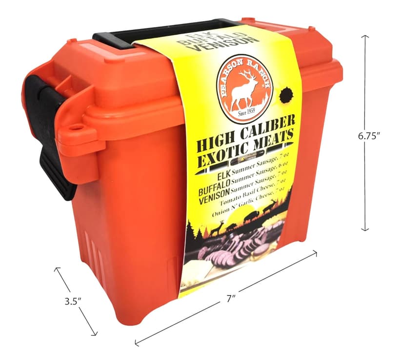 PEARSON RANCH Exotic Meats Ammo Can Gift Set Includes Elk, Buffalo and Venison Summer Sausage and 2 Blocks of Cheese, Cheese and Sausage Box (5 Items Total Inside The Ammo Can)