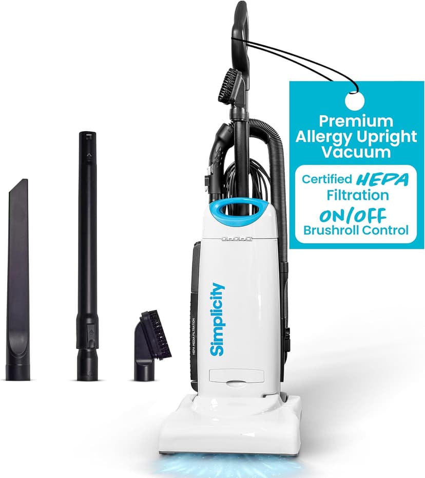 Simplicity Vacuums Premium Allergy Upright Vacuum Cleaner – Multi-Surface Bagged Vacuum Cleaner for Home with Charcoal HEPA Filter Media, Powerful Pet Hair Pickup, Brushroll Activation Switch, S26