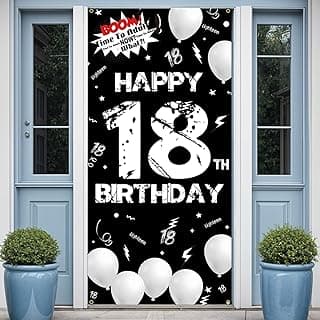Fabric 18th Birthday Backdrop Banner Black White, Happy 18th Birthday Decoration for Men Women, 18 Year Old Birthday Party Yard Sign Photo Props Door Decor Supplies for Outdoor Indoor