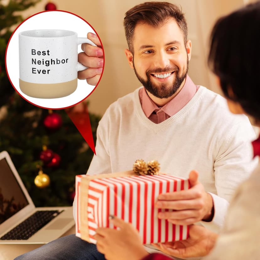 6 Set Christmas Gifts for Neighbors Best Good Neighbor Ever Gifts Ceramic Coffee Mugs Set with Box, Ribbon, Pine Branch for Xmas Holiday Neighborhood Treats Housewarming Goodbye Farewell Appreciation