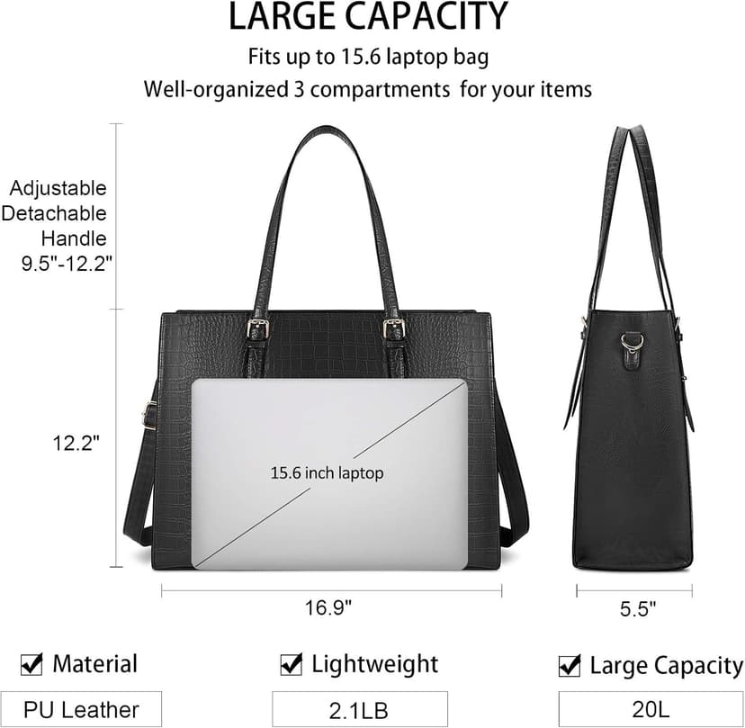 Laptop Bag for Women 15.6 Inch Laptop Tote Bag Leather Classy Computer Briefcase for Work Waterproof Handbag Professional Shoulder Bag Women Business Office Bag Large Capacity Black