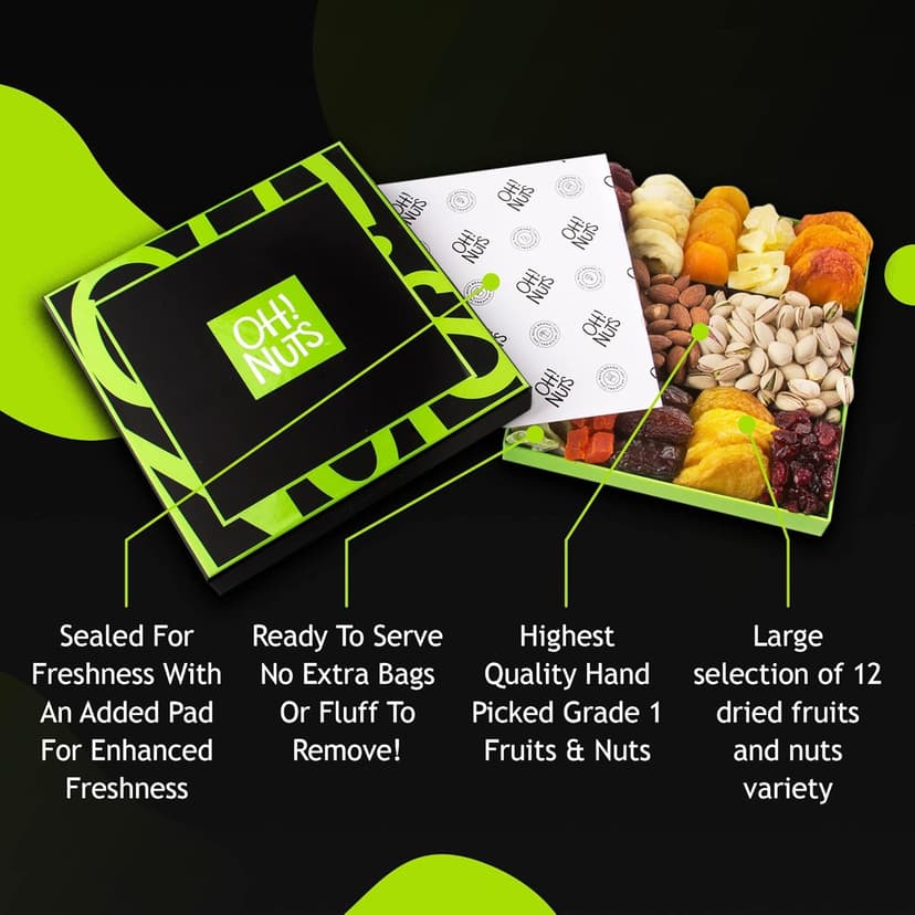 Oh! Nuts Dried Fruits and Nuts Gift Basket - Premium, Healthy Assortment of Nuts & Dried Fruits, Grown and Traditionally Crafted in the USA, Sealed Fresh in Individual Packs (Green box)