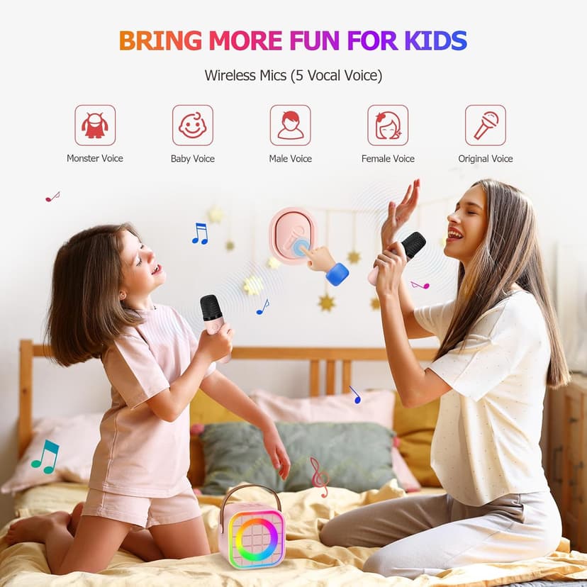 Mini Karaoke Machine with 2 Wireless Microphone, Portable Pink Bluetooth Speaker for Kids Adult, Birthday Teen Toys Gifts Ideas for Girls Ages 4 5 6 7 8 9 10 11 12+ Year Old, Family Home Party