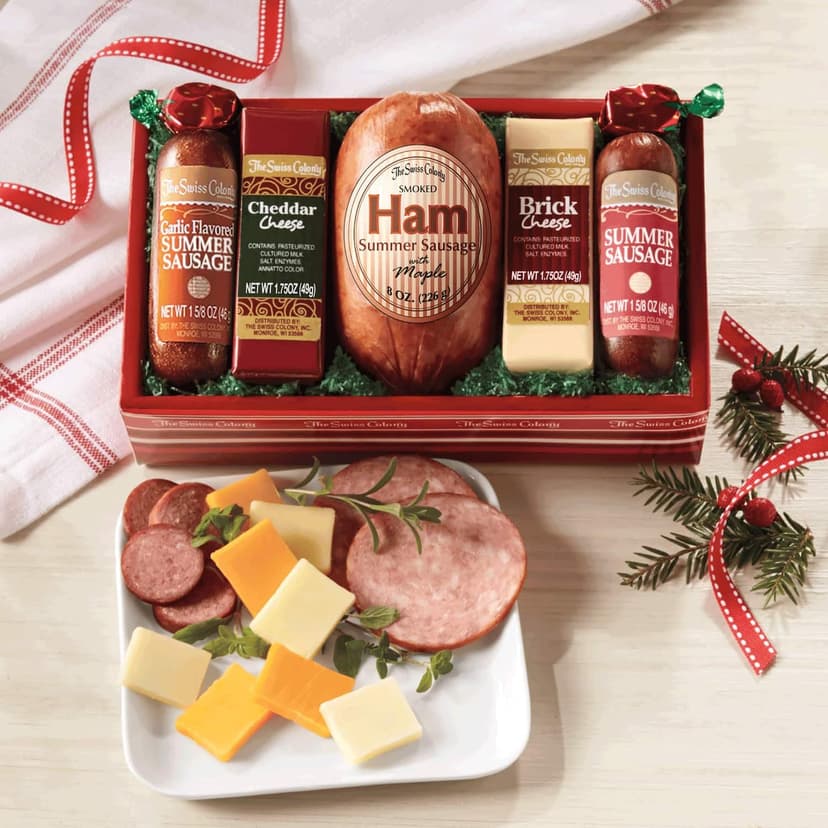 2 Holiday Gift Boxes - The Swiss Colony High 5 Food Bundle - Assorted Summer Sausages and Cheeses, Includes 2 Gift Boxes