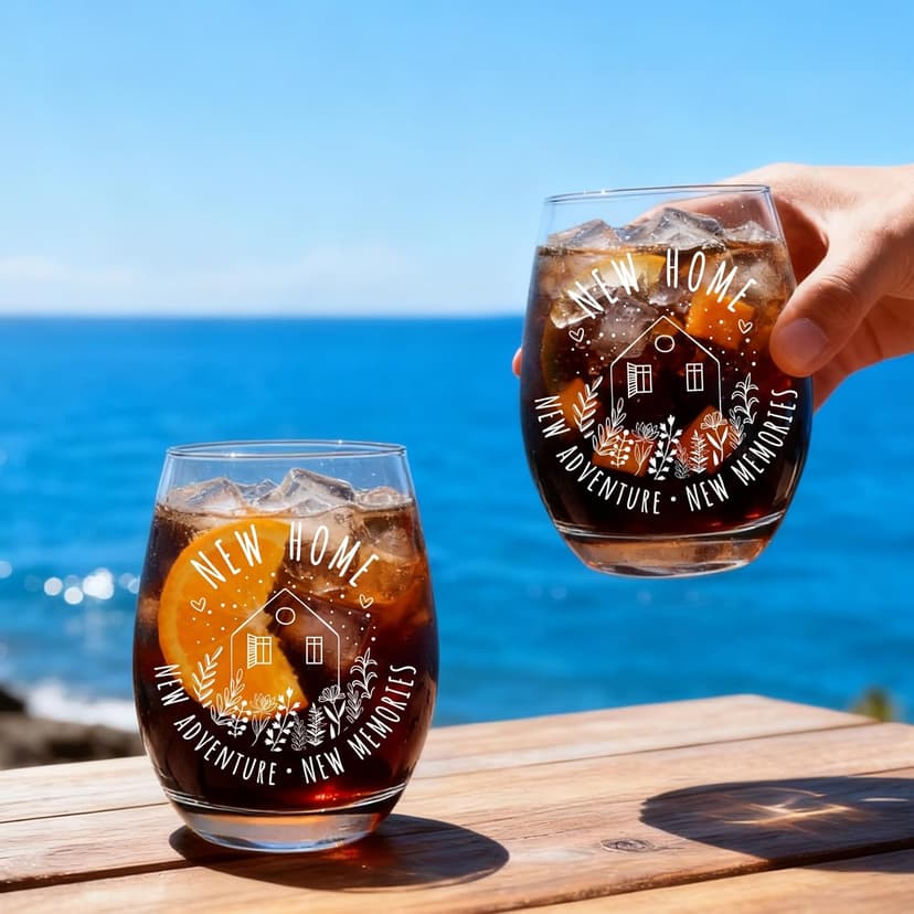 Housewarming Wine Glass Gifts for Couple, Stemless Wine Glasses Bottle Bag Candle Set for New Apartment, Blessing gifts for Women, Men, Couple, First Time Home Buyers, Homeowners, Family -149