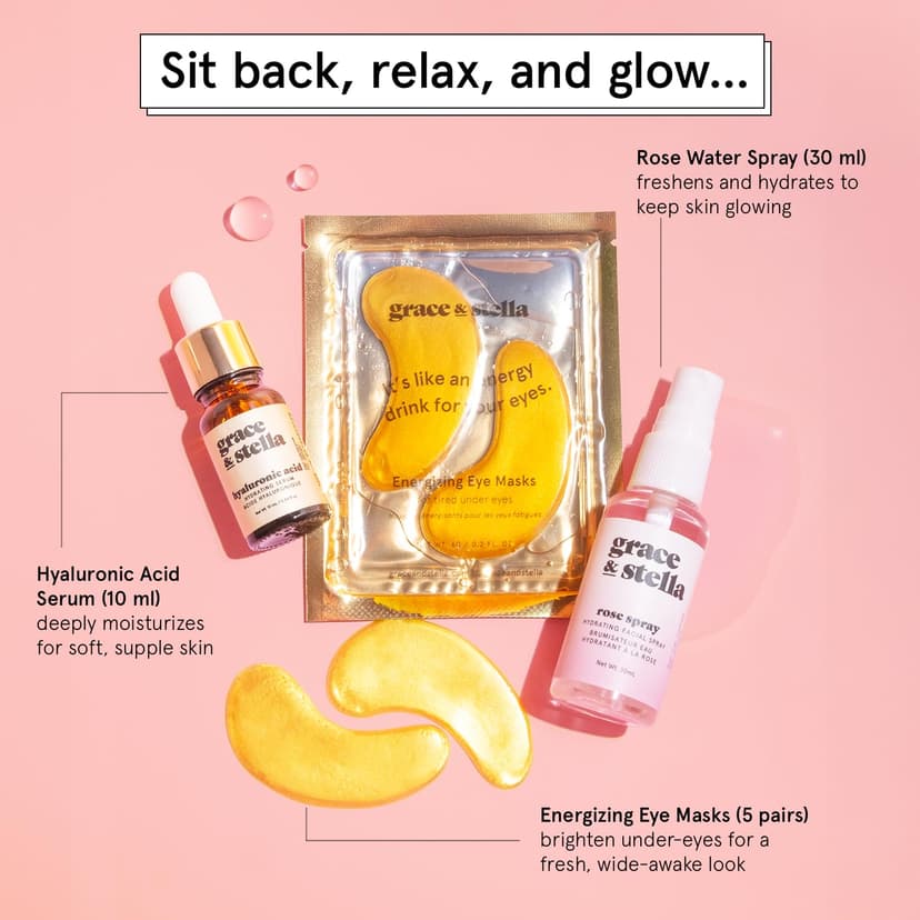 grace & stella Award-Winning Skin Care Set - Birthday Gifts for Women - Travel Essentials with Gold Eye Masks, Hyaluronic Acid Serum & Rose Spray - Bachelorette Party Favors, Teen Girl Gifts - Vegan