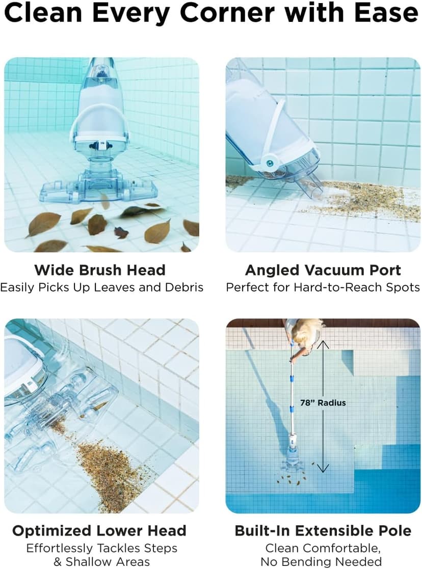 InoKraft Pool Vacuum for Above Ground Pool, Cordless Handheld Pool Vacuum for Inground Pools, Rechargeable Pool Cleaner with Powerful Suction up to 18.5 gallons/min, Ideal for Leaves, Debris, Blue