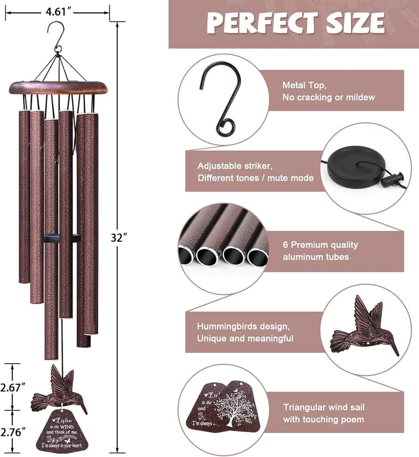 Sympathy Wind Chimes with Hummingbird Wind Spinner, Memorial Wind Chimes for Loss of Loved One Prime, Bereavement/Sympathy/Memorial Gift for Loss of Mother Father Husband Condolence Remembrance