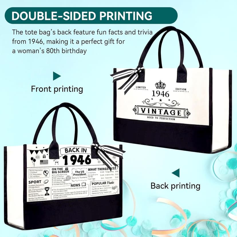 80th Birthday Gifts for Women Her- 4 pcs, Turning 80 Year Old Gifts, Decorations Canvas Beach Tote Bag & Makeup Bag, Unique Happy 80th Birthday gifts for Her Mom Wife Friends