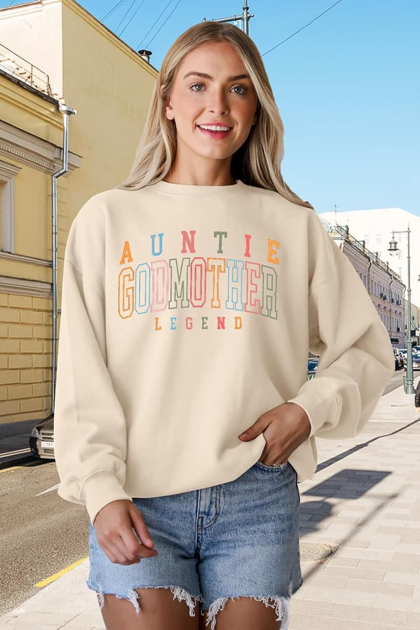 KIDDAD Women's Auntie Sweatshirt Cool Aunt Godmother Legend Crewneck Pullover Top Long Sleeve Graphic Aunts Shirt