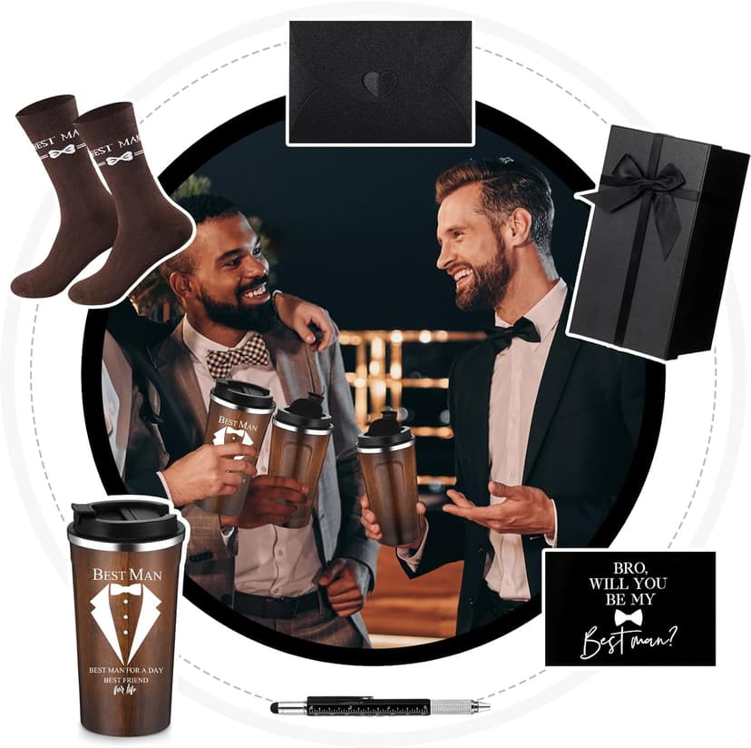 Nuanchu 6 Pcs Best Man Gifts Wedding Proposal Gift for Best Man Groomsman 17oz Office Cup Tumbler Socks Multi Tool Ballpoint Pen with Greeting Card Envelope(Wood Color)