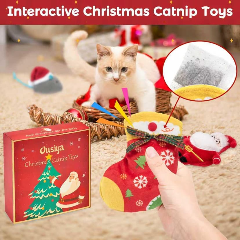 6 PCS Christmas Catnip Toys with Gift Box, Cat Toys Set for Christmas, Interactive Cat Chew Toy for Indoor Cats Kittens Kitty