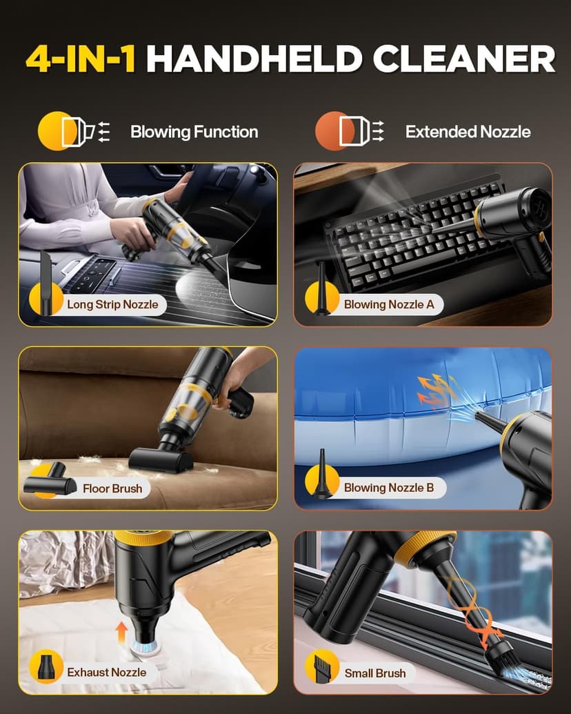 Handheld Vacuum Cleaner 21000Pa Suction with Brushless Motor, 4-in-1 Portable Mini Car Vacuum with 2 Suction Modes, Cordless Vacuum with LED Light, Type-C Charge for Car, Office Desk, Keyboards