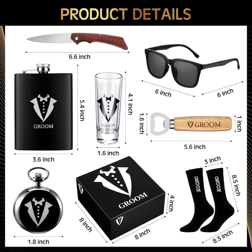 13 Pcs Groom Proposal Gift Set Stainless Steel Flask Box Bag Shot Glass Bottle Opener Pocket Watch Sunglasses Knife Sock Card Toiletry Bag for Wedding