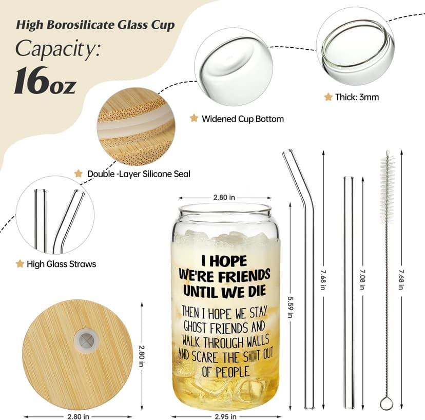 Gifts for Women Men, 16oz Drinking Glass Cup, Unique Friendship Gift for Best Friend BFF Bestie, Funny Personalized Birthday Christmas Valentines Mothers Day Present for Her Him Coworker Sister Female