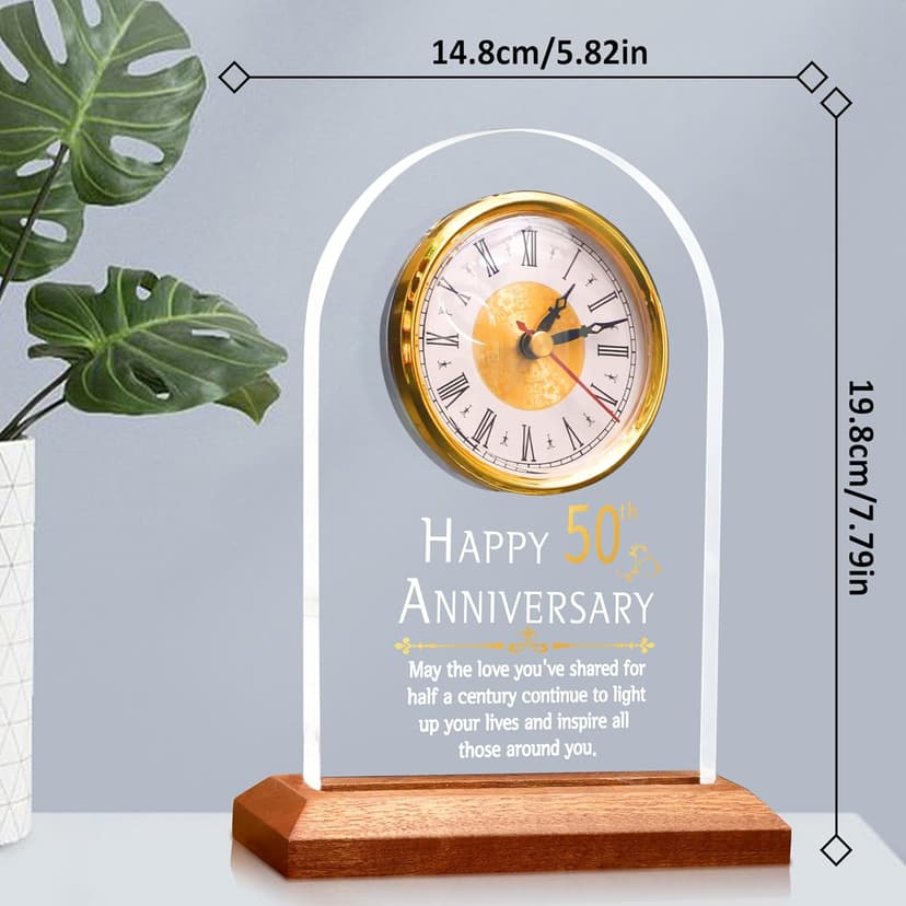 50th Anniversary Wedding Gift, Anniversary Quartz Clock, Desk Table Clock, 50 Years of Marriage, Golden Wedding for Couple, Parents, Grandparents (Wooden Base with LED Light)