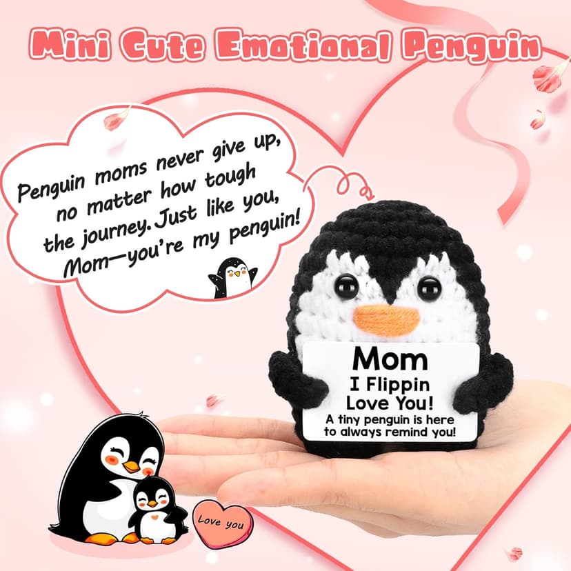 Birthday Gifts for Mom from Daughter Son, Handmade Crochet Mini Penguin Mom Gifts for Birthday Christmas Mama Mother in Law Bonus Step Mothers, Funny I Love You Mum Present Emotional Cute Decor