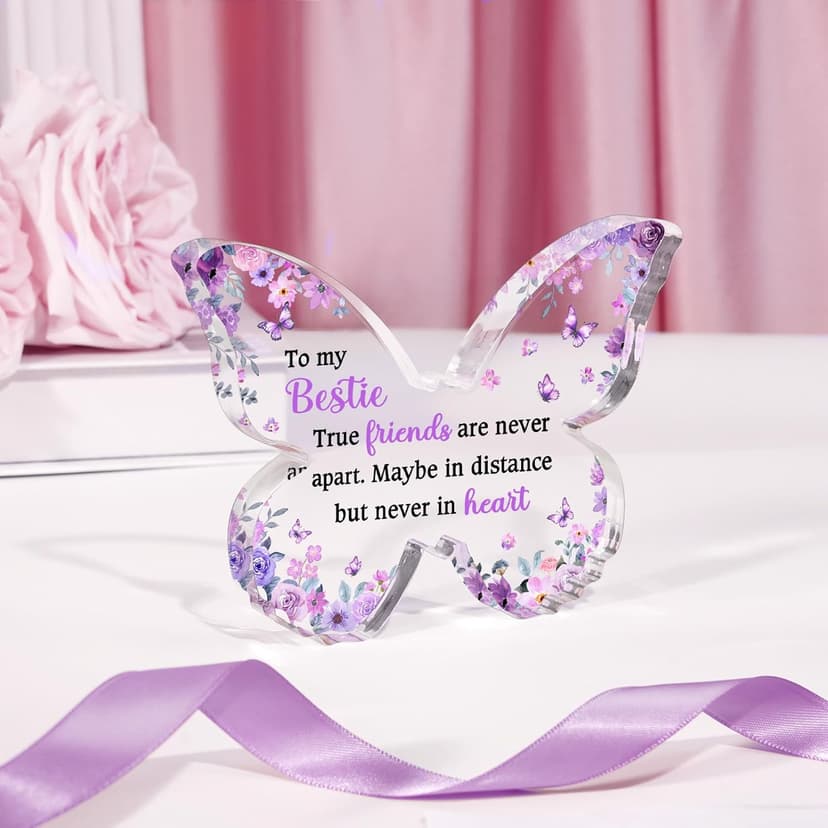Bestie Best Friend Friendship Gifts for Women, Unique Purple Butterfly Acrylic Plaque Desk Decor, Bestie Best Friend Birthday Gifts for Women Friendship for Bff Bestfriend, 5 x 3.8 x 0.5 inches