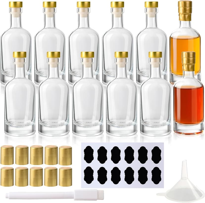 Glass Liquor Bottles with T-Top Caps and Heat Shrink Capsules, Empty Mini Vodka Bottles, Travel Shots Bottle for Wine, Alcohol, Whiskey, Beverages (3 oz 12 Pack)