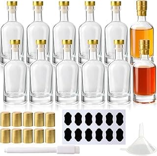 Glass Liquor Bottles with T-Top Caps and Heat Shrink Capsules, Empty Mini Vodka Bottles, Travel Shots Bottle for Wine, Alcohol, Whiskey, Beverages (3 oz 12 Pack)