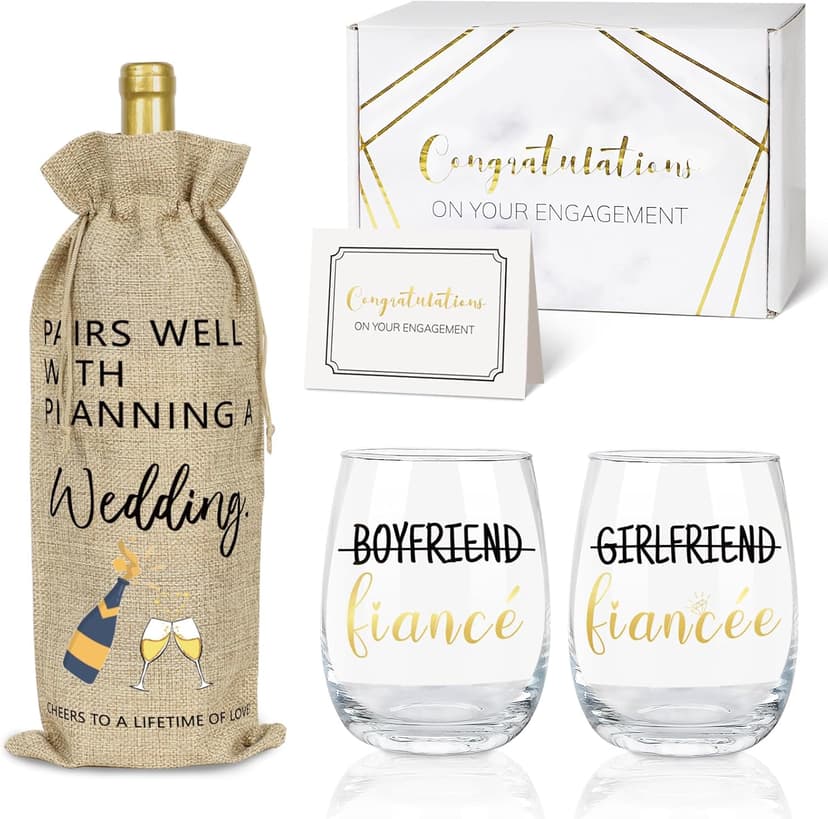 Engagement Gifts for Couples, Boyfriend and Girlfriend Wine Glass Engaged Gift Set with Wine Bag, Fiance Fiancee Gift for Him and Her Bride and Groom, Wedding Bridal Shower Gifts for Newlywed
