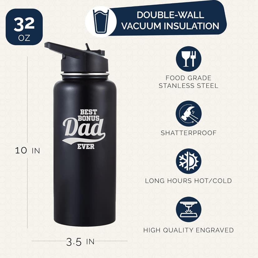 Best Bonus Dad Gifts From Daughter and Son, Tumbler 32 Oz Stainless Steel Insulated Water Bottle, Step Dad Gifts For Fathers Day and Birthday, Coffee Cup with Lid and Straw, Christmas Gift For Stepdad