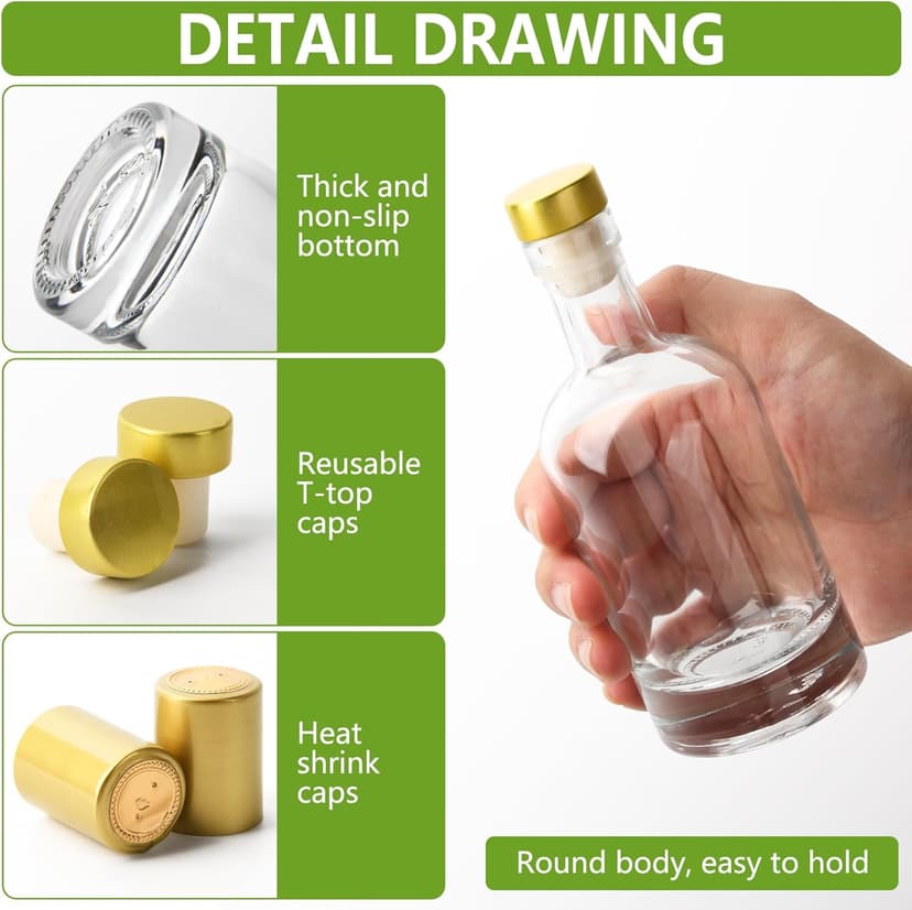 Glass Liquor Bottles with T-Top Caps and Heat Shrink Capsules, Empty Mini Vodka Bottles, Travel Shots Bottle for Wine, Alcohol, Whiskey, Beverages (3 oz 12 Pack)
