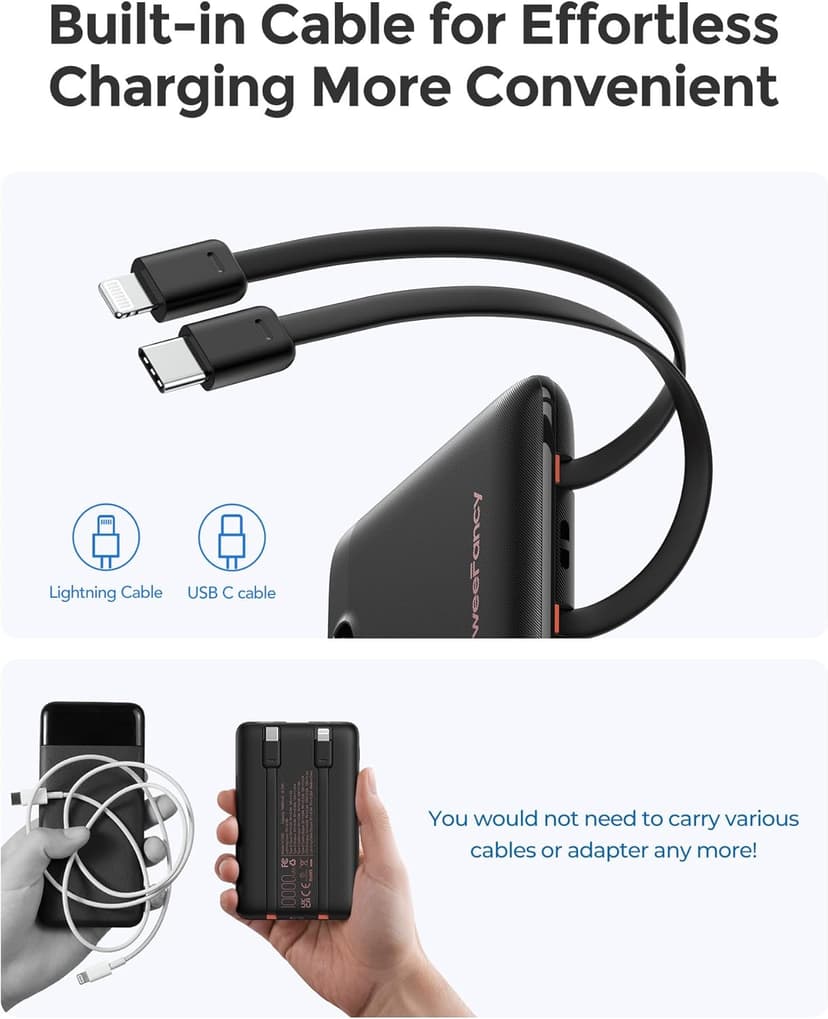 Mini Portable Charger with Built-in Cables 22.5W Fast Charging Power Bank USB-C Small Battery Pack 10000mAh Travel Essential Slim Battery for iPhone 17/16/15/14, Samsung 25/24, and More