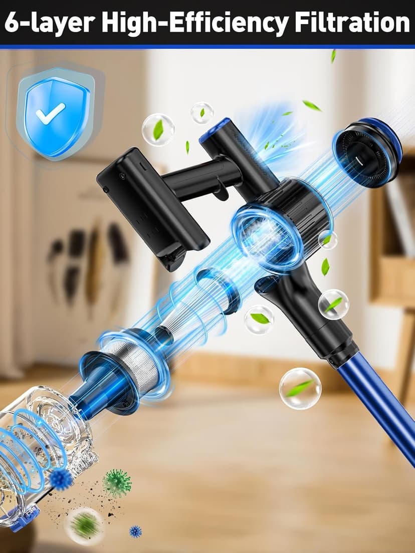 Cordless Vacuum Cleaner, 45KPA 8 in 1 Lightweight Vacuum Cleaners for Home, 50Mins Anti-Tangle Stick Vacuum, LED Display, Rechargeable Vacuum for Pet Hair/Carpet/Floor (Blue)