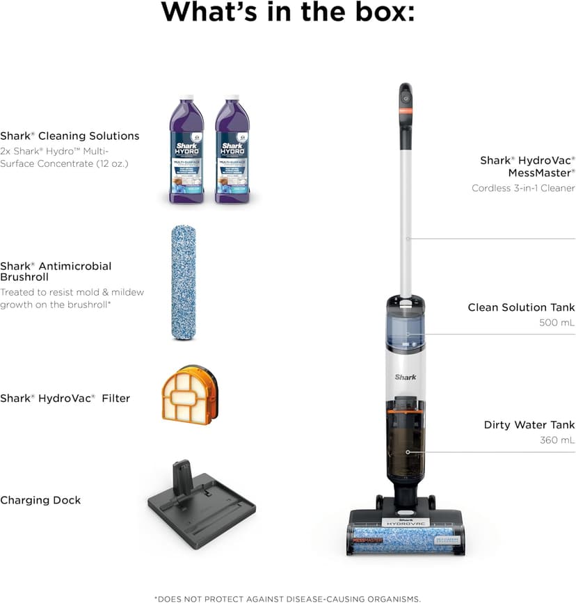 Shark | Wet Dry Vacuum Cleaner | Vacuum and Mop Combo | HydroVac MessMaster | 3-in-1 Self-Cleaning + Powerful Suction | 2 Brushrolls & 2 Solutions Included | Hardwood Floor & Area Rug Cleaner | AW261