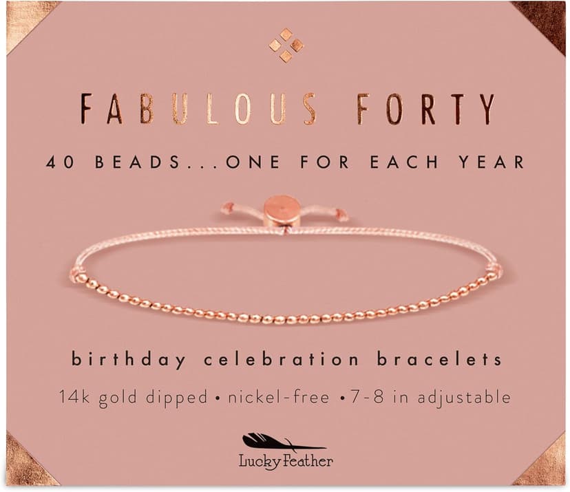 Lucky Feather 40th Birthday Gifts Women | Cute 14k Gold Dipped Beads Bracelet | Fabulous Forty Milestone Bracelet | 40th Birthday Bracelets For Women | Adjustable 7"- 8" Cord | 40 and fabulous