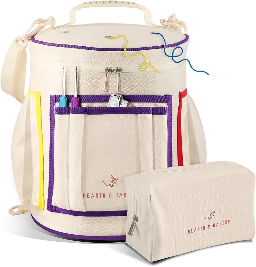 Hearth & Harbor Crochet Bag Organizer – Durable Knitting Bag, Yarn Organizer for Crochet Accessories and Supplies, Canvas Yarn Bag, Crochet Organizer with Accessories Case, Yarn Storage Organizer