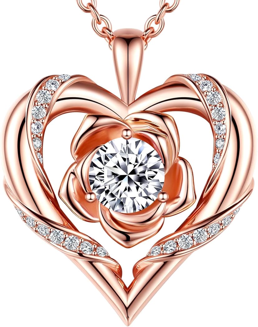 Rose Flower Heart Moissanite Necklaces for Wife, S925 Silver Pendant for Women, 18K Gold Plated Jewelry for Her Girlfriend Mom for Anniversary Birthday