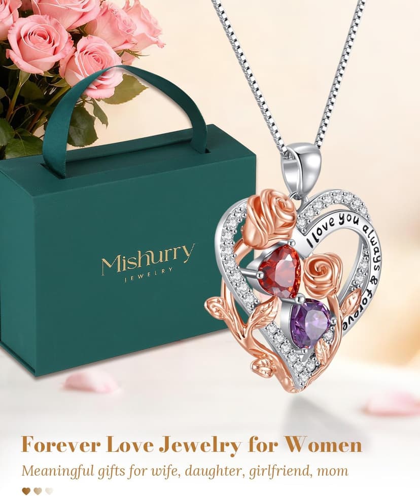 I Love You Birthstone Necklace, 925 Sterling Silver Heart Pendant with CZ Diamond Stones, Birthday Gifts for Women, Romantic Gift for Wife, Girlfriend, Her, Anniversary, Valentine's Day, Christmas