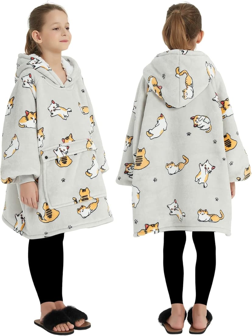 KFUBUO Wearable Blanket Hoodie for Kids Sherpa Patterns Oversized Sweatshirt Blanket With Pocket 6-10 Year Old Girl Boy Birthday Gifts Cat