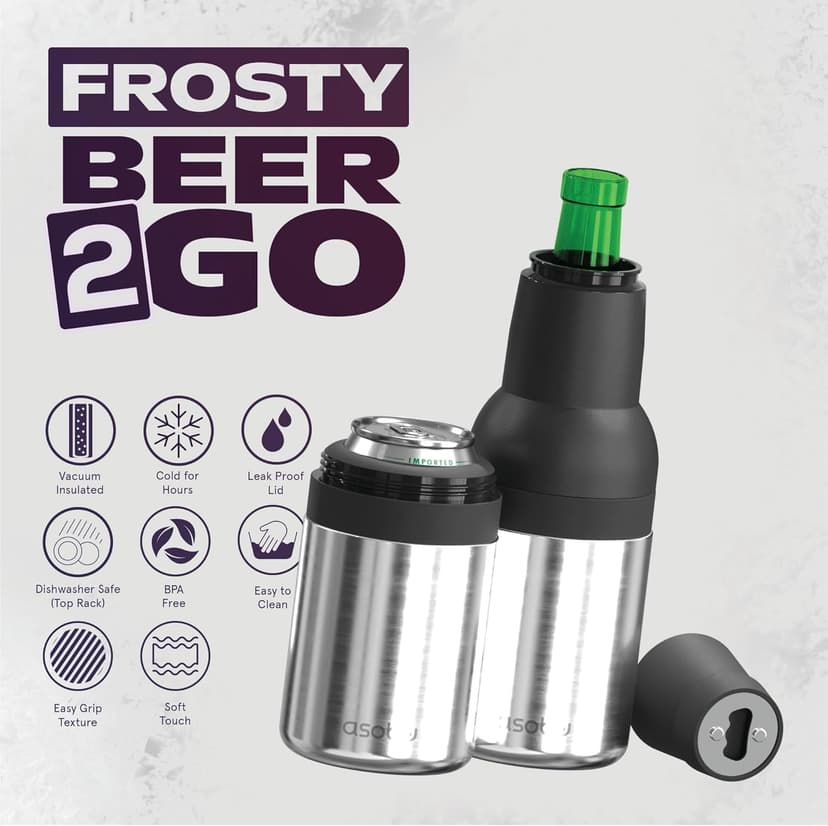 Asobu Frosty Beer Holder,Vacuum Insulated Double Walled Stainless Steel Beer Can and Bottle Cooler with Beer Opener, Bpa Free, Fits Standard 12oz, Ice Cold for Hours, Great Gift for Beer Lovers