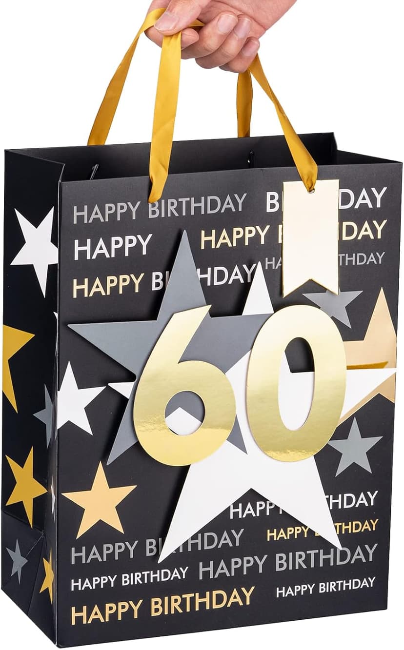 Loveinside Birthday Gift Bag with Tissue Paper and Greeting Card for 60 Birthday - 10" x 5" x 13", 1 Pcs, Black Gold