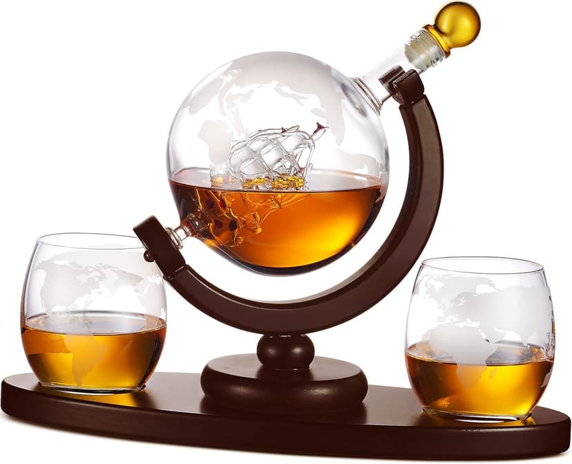 Gifts for Men, Whiskey Decanter Globe Set with 2 Etched Whiskey Glasses - for Liquor Scotch Bourbon Vodka, Gifts For Dad - 850ml