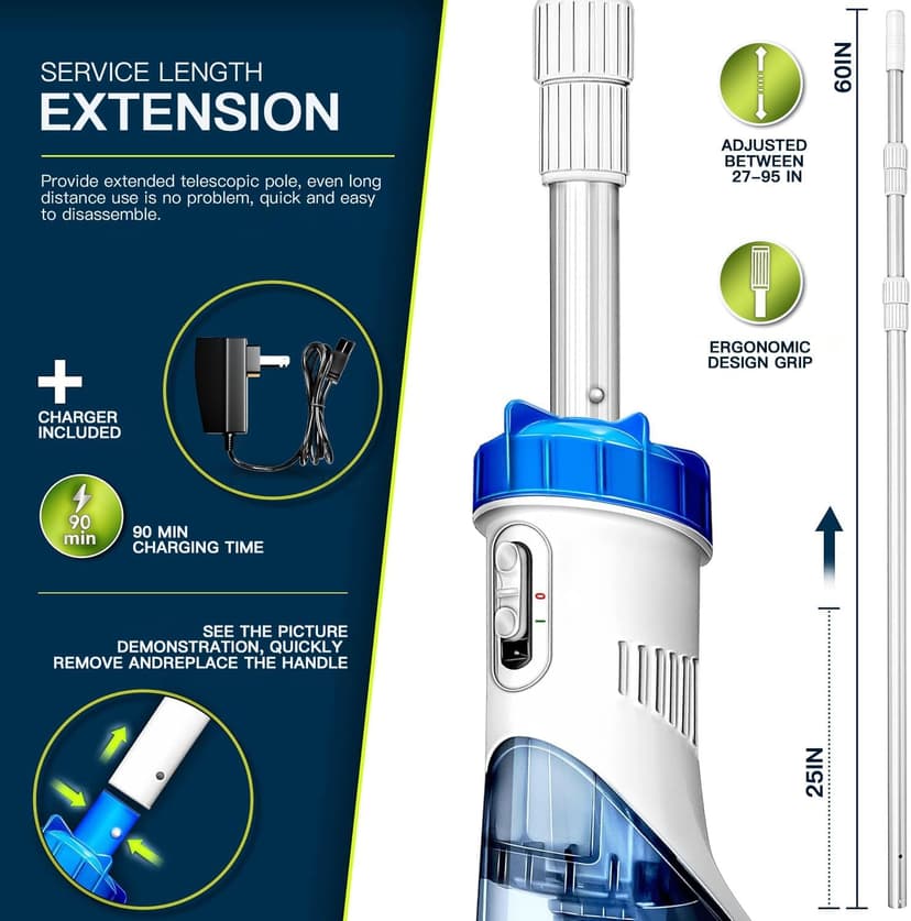 Cordless Handheld Pool Vacuum with Telescopic Pole, Rechargeable Hot Tub SPA Vacuum, 18GPM Powerful Suction, 60Min Runtime, Pools up to 88", Portable Pool Cleaner for Above Ground/Inground Pools