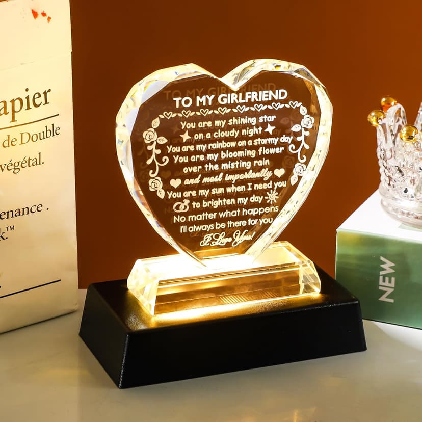 YWHL Romantic Girlfriend Gifts from Boyfriend, To My Girlfriend Crystal Heart Shaped Keepsake with Colorful Light Base, Girlfriend Birthday Gift, Gifts for Girlfriend on Anniversary Valentine