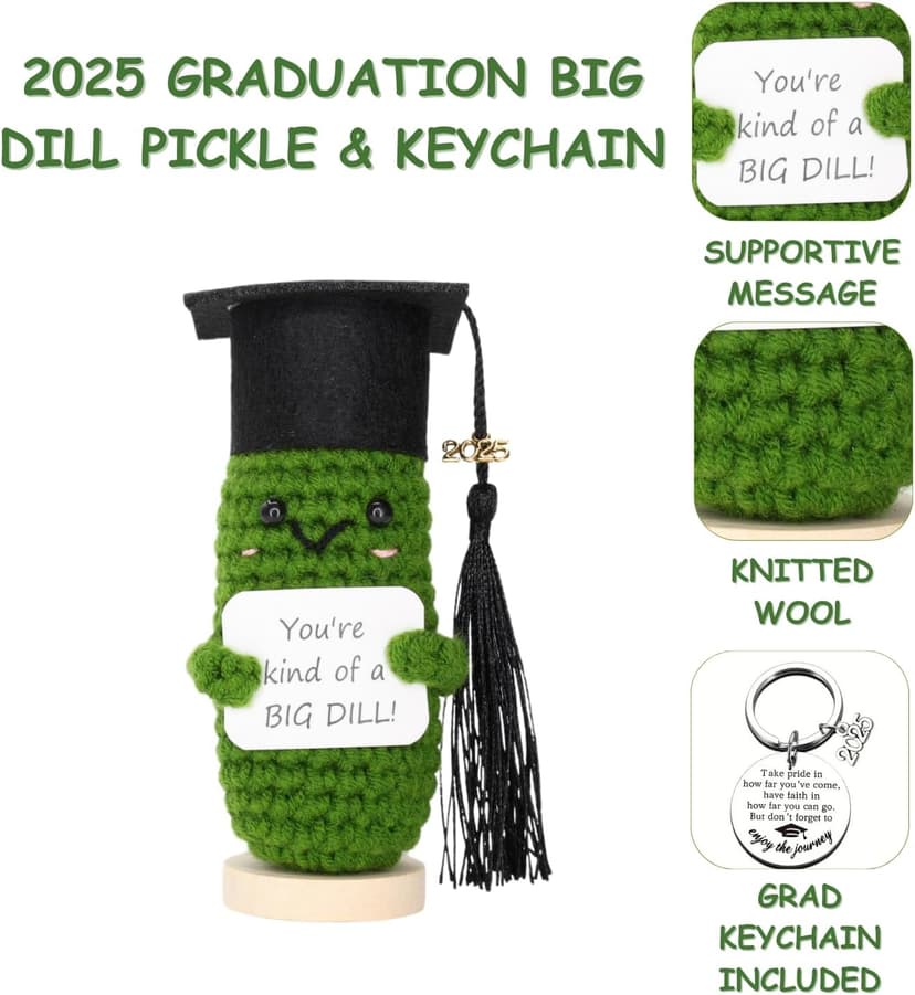 Graduation Gifts 2025 – Big Dill Crochet Pickle with Stand & Keychain | Handmade Grad Gift for High School, College, University, Nurses, PhD. Gifts for Her