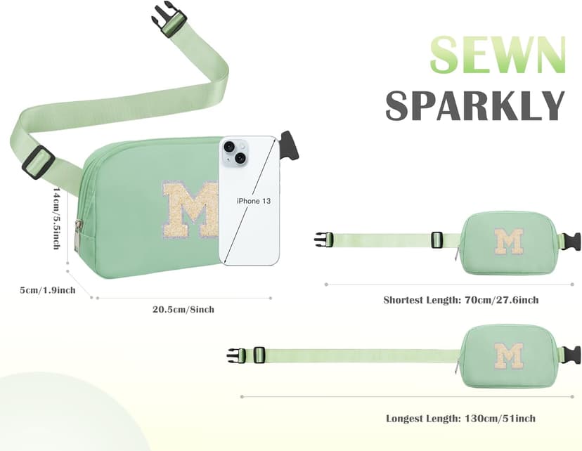 COSHAYSOO Green Belt Bag Crossbody Initial Fanny Pack Preppy Trendy Stuff for Teen Flower Girls 5 6 7 8 9 10 Year Old Personalized Cute Wedding Party Bridesmaid Birthday Easter Gift Letter M