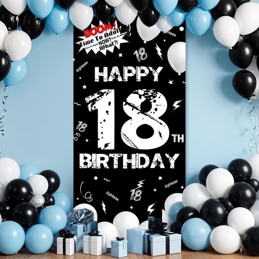 Fabric 18th Birthday Backdrop Banner Black White, Happy 18th Birthday Decoration for Men Women, 18 Year Old Birthday Party Yard Sign Photo Props Door Decor Supplies for Outdoor Indoor