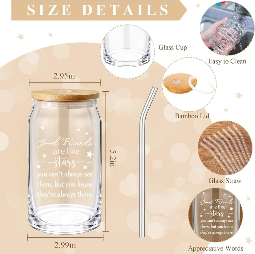 Zhehao 8 Pack Friendship Gifts for Women Friends Gifts Bulk 16oz Iced Coffee Glasses with Bamboo Lids and Straws for Sister Friend Holiday Birthday Party Drinking