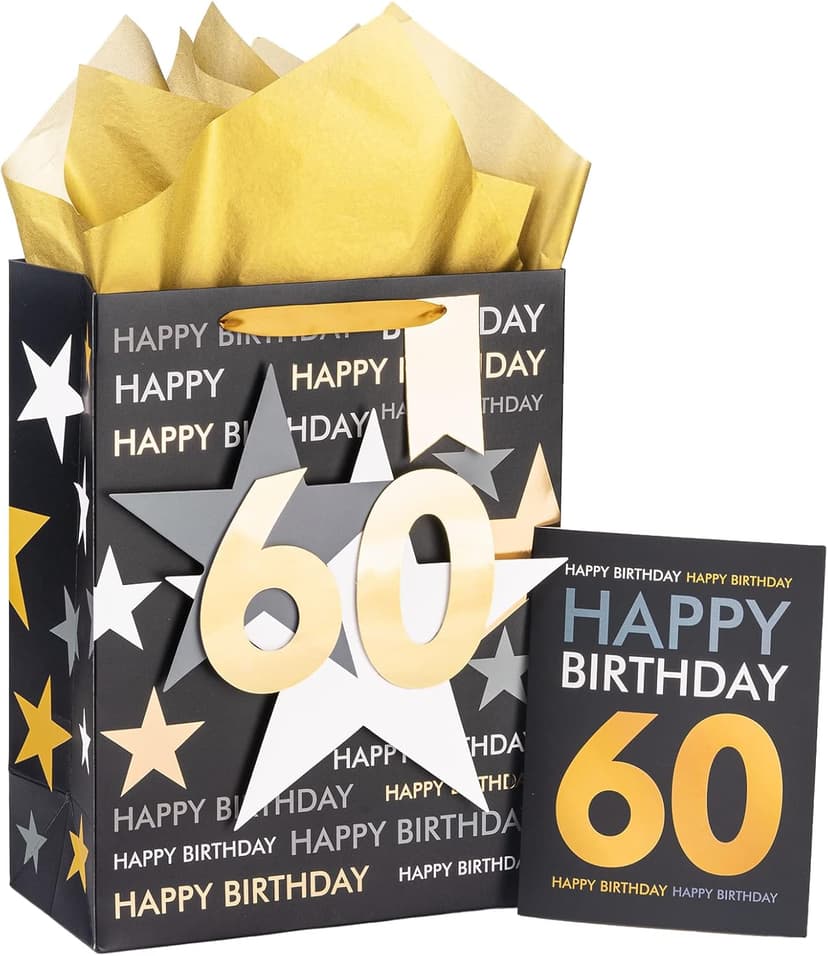 Loveinside Birthday Gift Bag with Tissue Paper and Greeting Card for 60 Birthday - 10" x 5" x 13", 1 Pcs, Black Gold